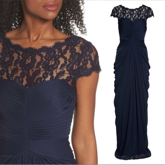 Adrianna Papell Lace Yoke Gown Drapped Dress Lacey Navy Blue Rouched Maxi - Picture 2 of 10